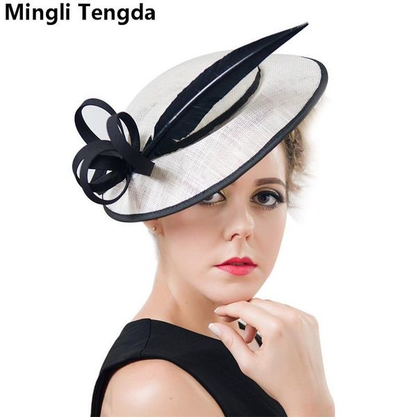 

mingli tengda bridal hat for women caps and fascinators vintage tocados sombreros bodas elegant linen feather wedding hat fedora fhnun, White