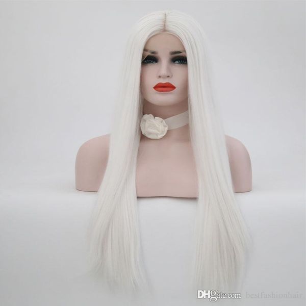 Lace Front Wig Synthetic Snow White Straight Long Hand Tied