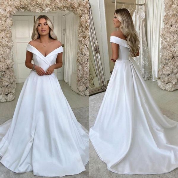 

graceful white satin a line wedding dresses 2020 elegant covered button sweep train bridal wedding gowns
