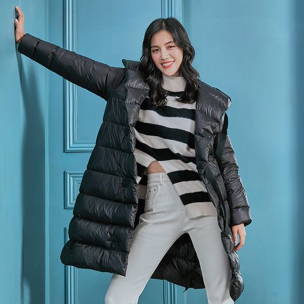 

new fashion black red hooded comfortable tie winter jacket 2018 female's keep warm long type coat jaqueta feminina l385