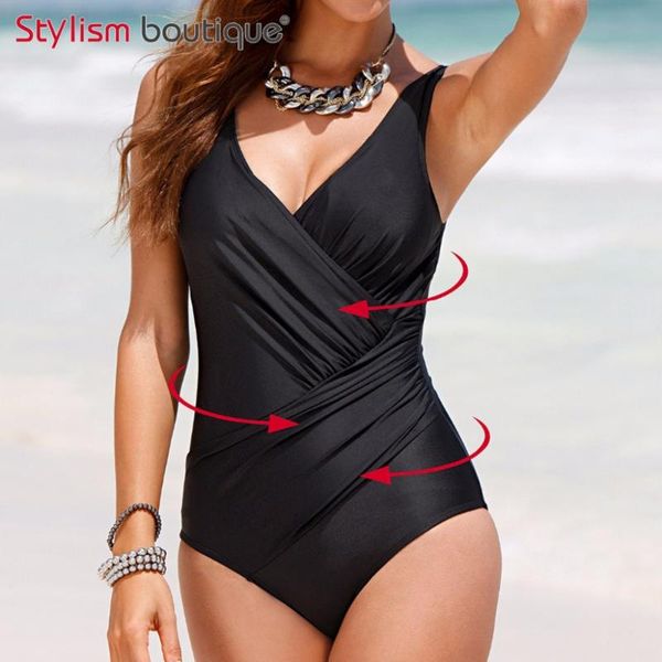 

2020 plus size swimwear women 1 one piece swimsuit solid surplice swimwear vintage bodysuit bathing suits black, White;black