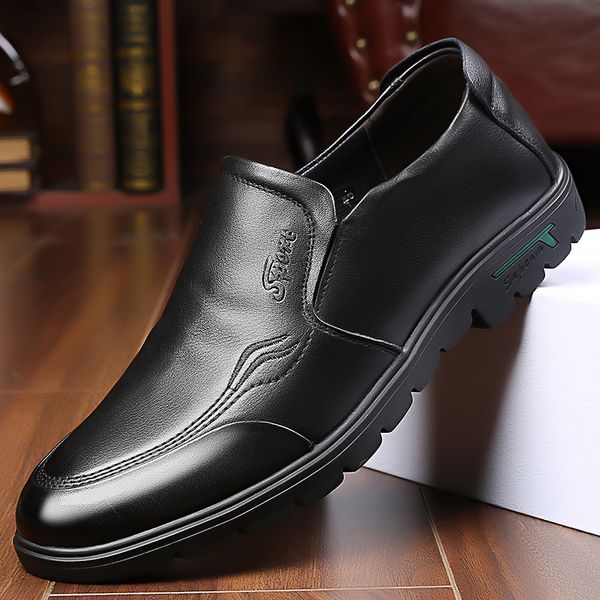

simple comfortable outdoor mountaineering men's leather shoes breathable thick-bottom round head business casual shoes men, Black