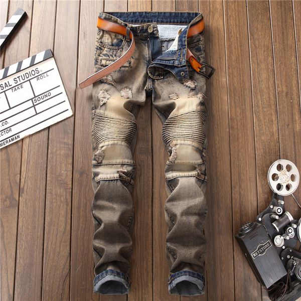 

new wholesale designer mens ripped patchwork jeans joggers fashion male blue denim pants printed distressed washed trousers size 29-36