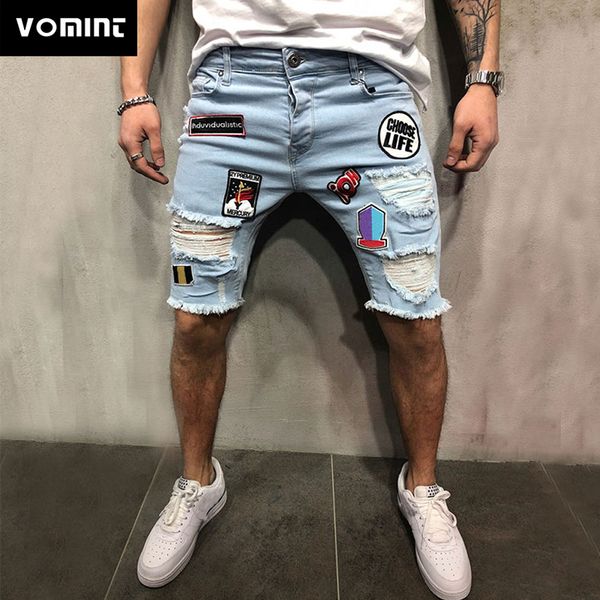 

vomint men cotton distressed denim shorts ripped jean male casual holes pants summer short mens jeans, Blue