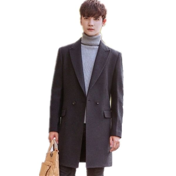

2019 new men leisure long sections woolen coats mens windbreaker casual fashion jacket slim fit men overcoat trench coat jackets, Black