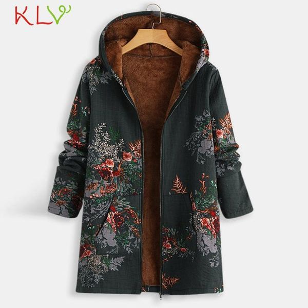 

women's jacket hooded vintage print fleece coat zip up winter coat women long sleeve basic jackets female outwear plus size 19nv, Black;brown