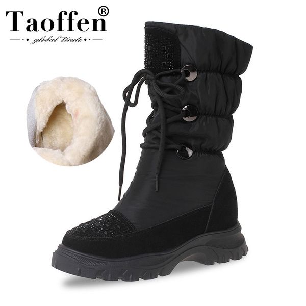 

taoffen women snow boots real leather fashion plush fur casual outdoor mid calf boots winter warm shoes size 34-41, Black