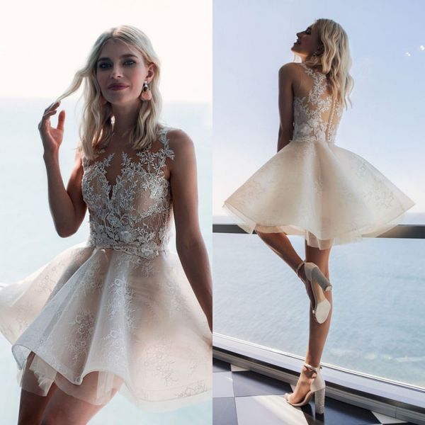 

a line beach wedding dresses jewel neck sleeveless covered button hand made flowers appliques tulle wedding dresses short boho bridal gowns, White