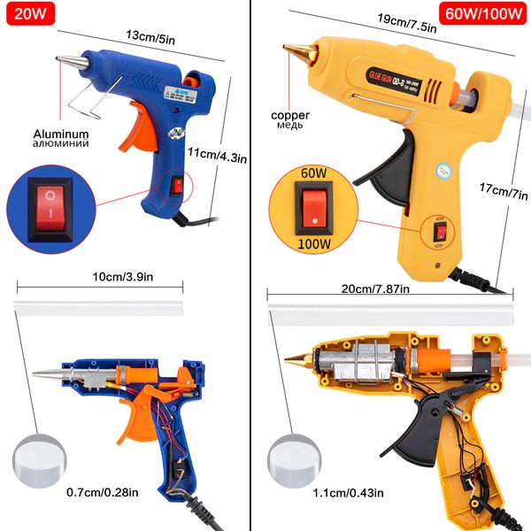 

20w/60w100w dual power glue gun high temp heater melt repair tools with 11mm glue sticks copper nozzle for art crafts