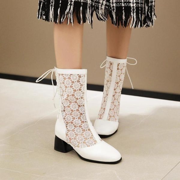 

large size womens shoes lace summer boots women back lace up ankle work boots ladies cross tied square toe solid size 34-47, Black