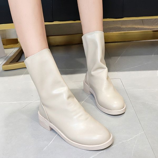 

lucyever 2019 new pu leather waterproof boots women fashion round toe mid calf boots female back zipper square heel shoes woman, Black
