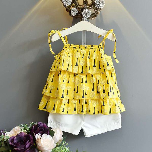 

kids designer clothes 2019 girl summer suits flowers one word collar camisoleand and shorts middle and small kids clothing, White