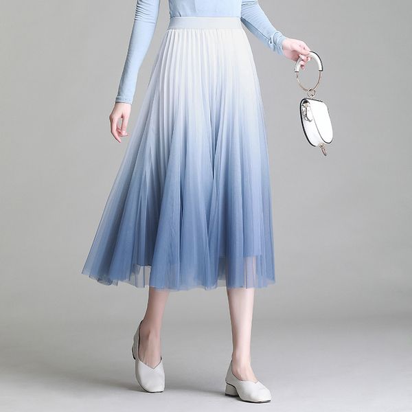 

2020 fashion women gradient mid-calf mesh skirts summer bohemian elasic waist pink voile long skirts, Black