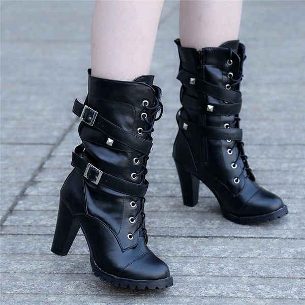 

spring women ankle boots black motorcycle lace-up boot thin high heel double buckle punk style platform botas mujer size 43
