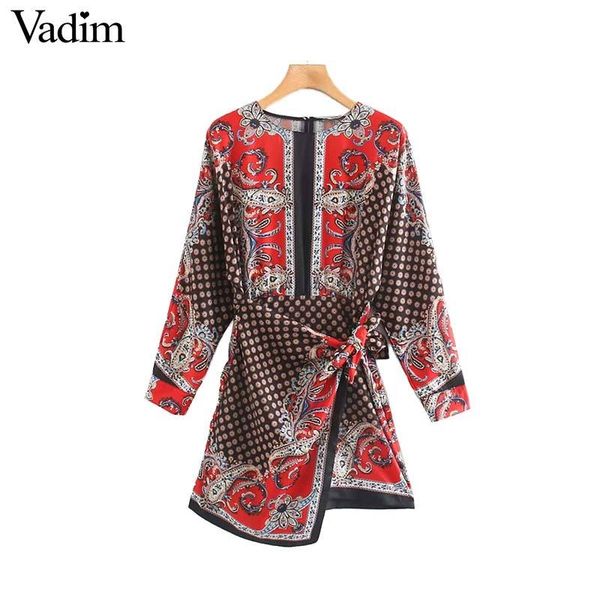 

vadim women elegant print mini dress long sleeve bow tie sashes side zipper female casual elastic waist dresses vestidos qd073, Black;pink