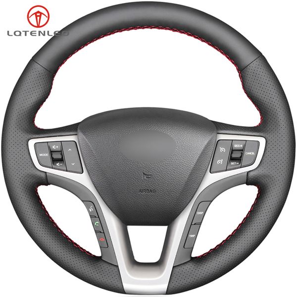 

lqtenleo black artificial leather diy hand-stitched car steering wheel cover for i40 i40 2011-2019