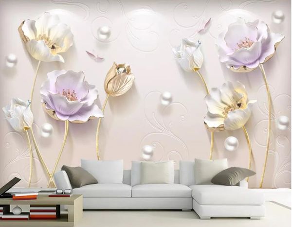 Moderna sala de estar papéis de parede Em Relevo elegante novo Chinês simples jóias tridimensionais tulipa fundo parede pintura decorativa