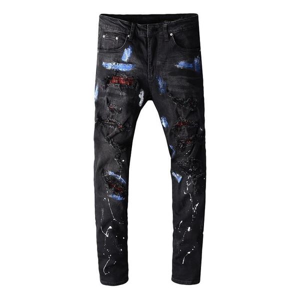 

men's distressed destroyed jeans print patches ripped skinny black skinny pants slim trousers puls size 29-42 616, Blue