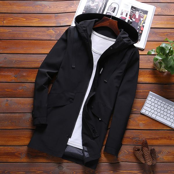 

kh men's fashion spring and autumn hooded jacket coat mens slim korean windbreaker casual long trench outerwear man coat jaqueta, Black;brown