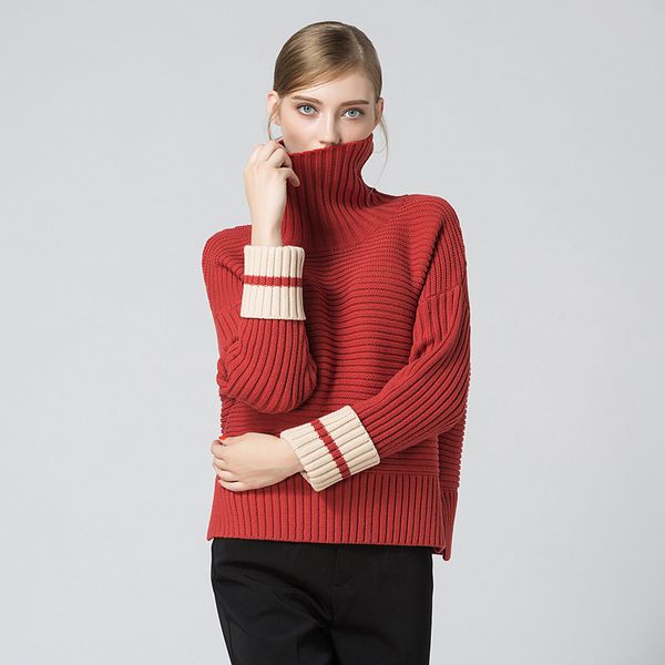 

hanorange 2017 winter off-shoulder sleeve loose turtleneck sweater fashion split pullover brick red/beige white, White;black