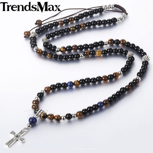 

men's stone beaded necklace rosary chain stainless steel cross charm necklace male jewelry 2018 christmas gift for men 6mm dnm06, Silver