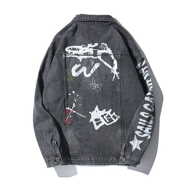

denim jackets men hip hop print jeans coat spring autumn fashion long sleeve gray jackets mens clothes 2019 j0412, Black;brown