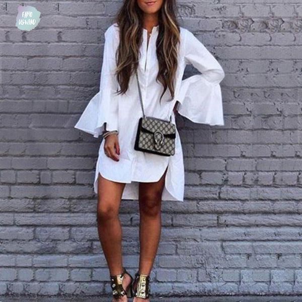 

сборки блузы женщина рубашка весна осень мода топы дамы элегантного длинный рукав high low отворот мини платье, White