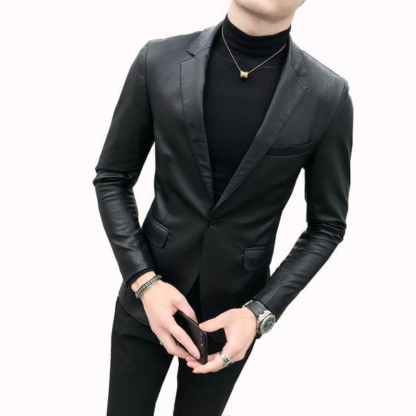 

black men's leather blazer coat, fashion slim men jacket s-4xl youth nightclub ktv coats male, White;black
