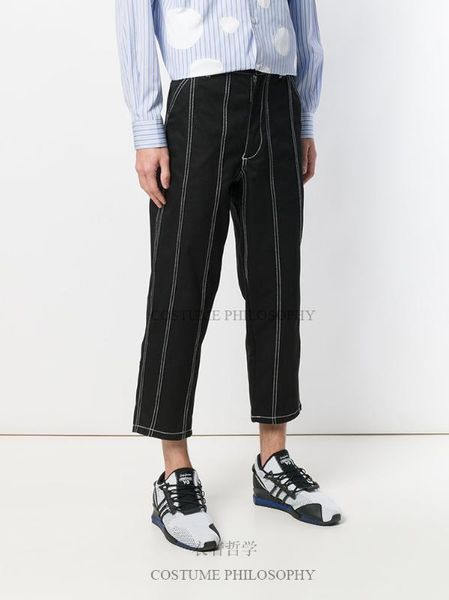 

27-44 2019 new men's clothing hair stylist personality white line splicing trend dj nightclub haren trousers plus size costumes, Black