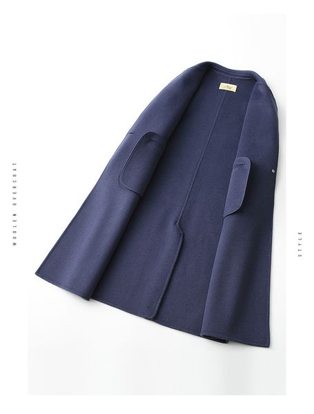 

2020 winter coat women one button pocket wool blend coats female long blue trench coat outwear casaco feminino inverno lx2101, Black