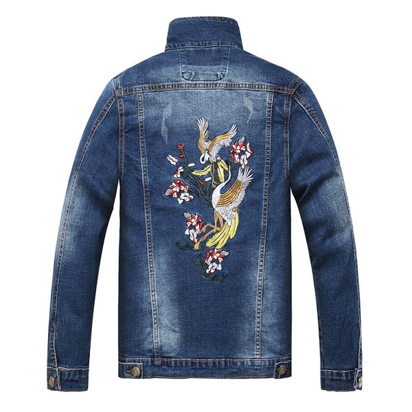 

2019 men streetwear hip hop bird embroidery casual jeans jacket man black motorcycle slim fit elastic cotton denim jackets, Black;brown