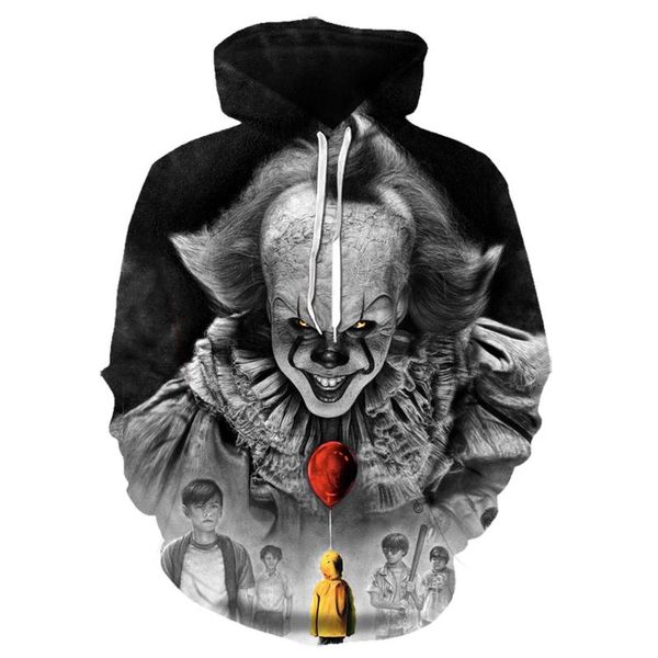

movie stephen king itthe clown pennywise 3d printing hoodies cosplay costume men women cartoon clown halloween sweatshirt, Black