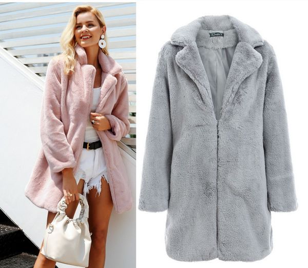 

elegant pink shaggy women faux fur coat streetwear autumn winter warm plush teddy coat female plus size overcoat party, Black