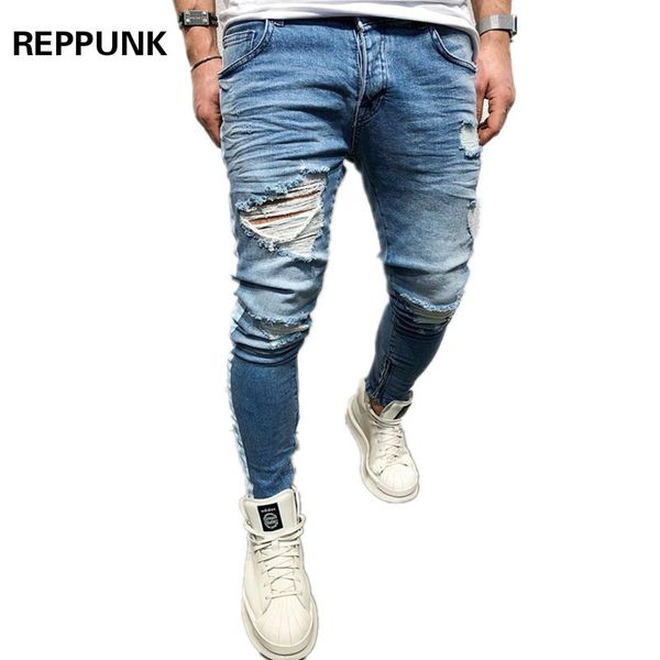 REPPUNK 2018 Yeni Sıcak Pantolon Erkek Tasarımcı Giysi Moda Denim Mavi Sıska Yokulmuş Yırtık Sıkıntılı Kot Erkek Pantolon Tutun