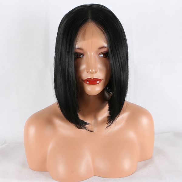 

short straight bob lace front wig black heat resistant fiber natural hairline middle parting for women wigs