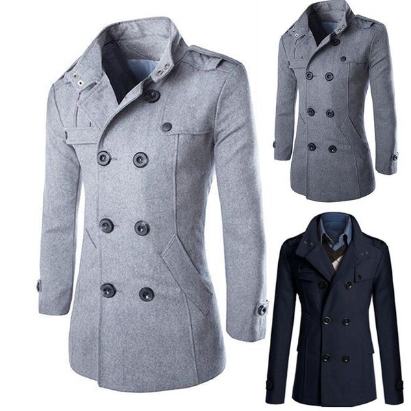 

coat men winter warm lapel trench coat woolen sliming casual solid stand collar double-breasted long, Black
