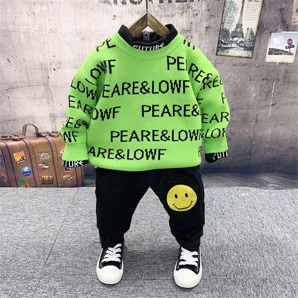 

2 3 4 5 6 y boys suits casual letter sweater thick long-sleeved shirt plus velvet fashion jeans toddler clothing boy sportswear, White