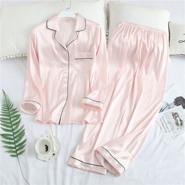 

2019 new striped women satin pajamas suit sleep set shirt&pant rayon sleepwear female nightwear faux silk perfect underwear, Blue;gray