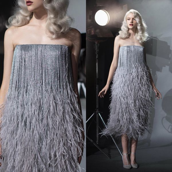

paolo sebastian 2019 prom dresses strapless tea length tassel feathers party evening gowns cocktail dress major beading, Black