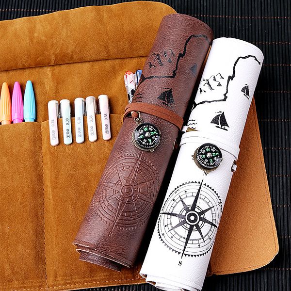 

dawegama roll school pencil case leather pen bag for gift large pencilcase box stationery pirate campass treasure map