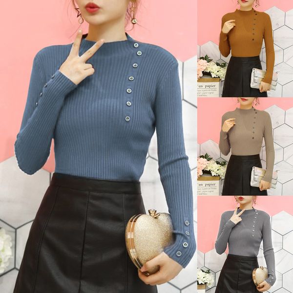 

litthing women chic half turtleneck sweater button solid color ladies basic pullovers femme knitted jumper  autumn, White;black