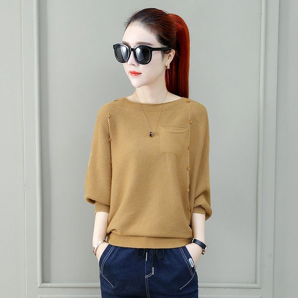 

women knitted solid sweater 2019 new autumn fashion button o-neck batwing sleeve loose packets office lady thin pullovers, White;black