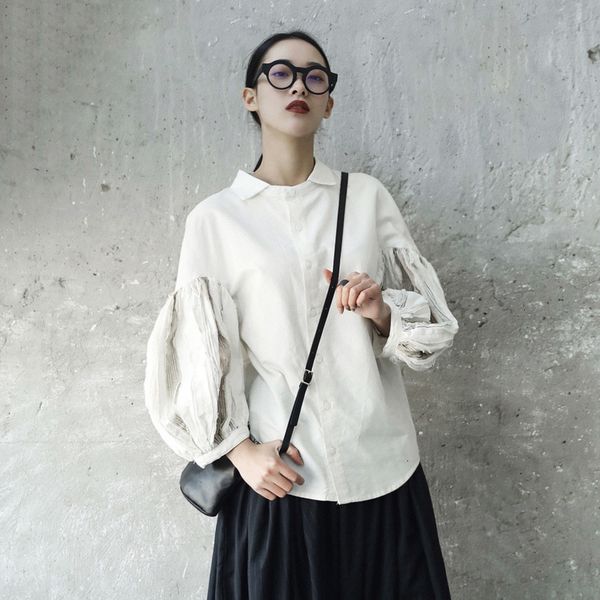 

женская одежда блуза женщина 2019 весна лето отворота фонарь рукав сложите split joint белого свободной рубашки женщина блузка мода tide je8, White