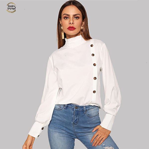 

ruffle turtleneck white blouse women single breasted long sleeve 2019 batwing dolman sleeve casual ladies shirts womens and blouses