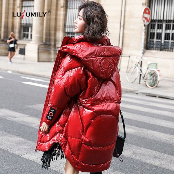 

lusumily winter white duck feather long coat women's down jacket 2019 new hooded zipper loose parkas black red women jackets