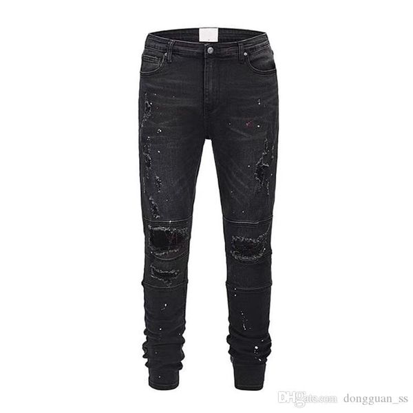

black multicolor paint splatter jeans slim distressing jean ripped holes men streetwear, Blue