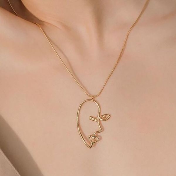 

alloy abstract distorted human face pendant contour new temperament hollow out figure art stylish necklace for women, Silver