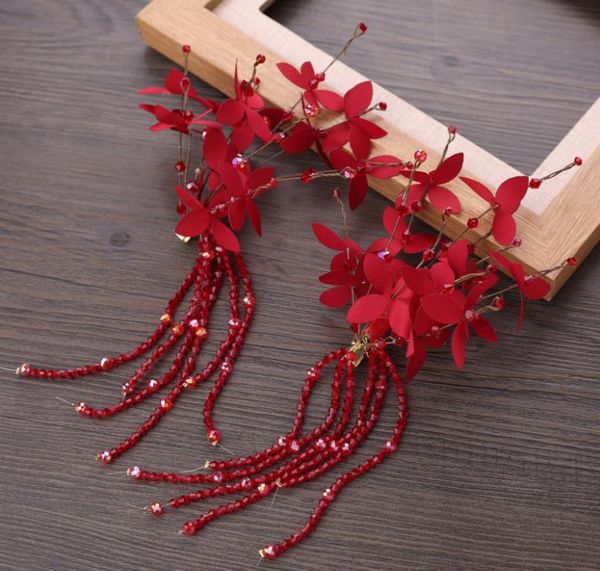 Новый корейский невеста тиара красный китайский волос группа ювелирные изделия из двух частей свадебный тост одежда цветок аксессуары для волос