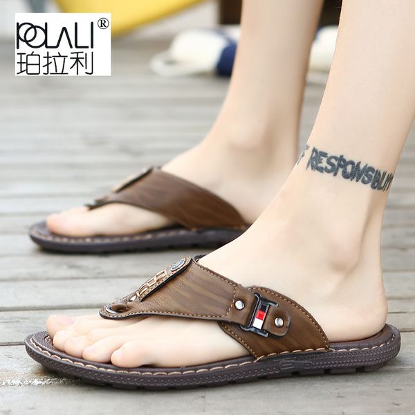 

2019 summer beach men flip flops pu leather slippers male flats sandals outdoor rubber thong beach shoes men leather brand new, Black