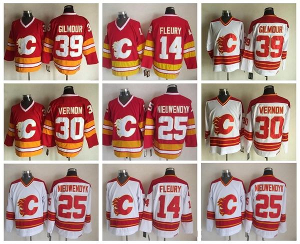 

Calgary Flames 14 Theoren Fleury Jersey Men 25 Joe Nieuwendyk 30 Mike Vernon 39 Doug Gilmour Red White Vintage Ice Hockey Jerseys